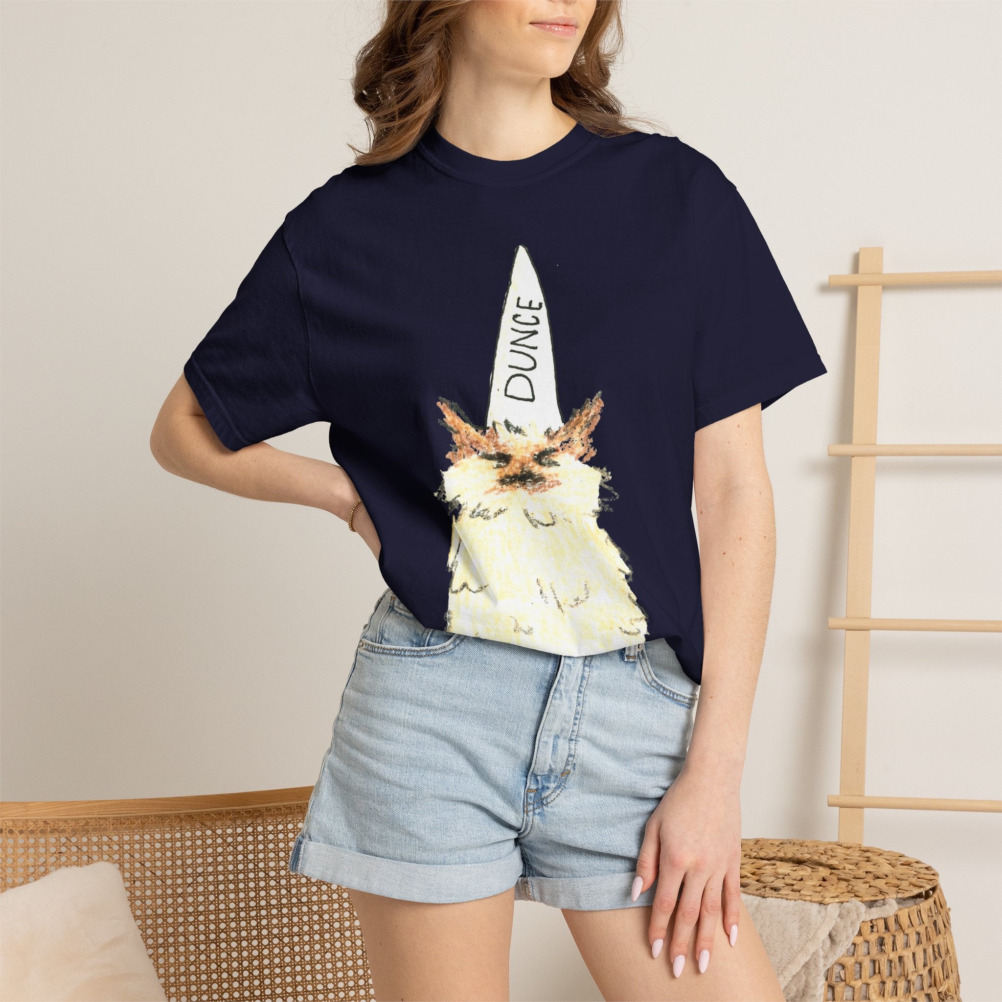 T-Shirt — Fluffy Cat Wearing 'Dunce' Cone Hat Illustrated Tee