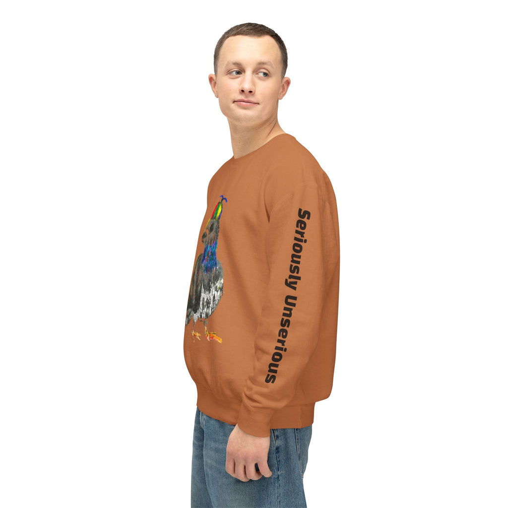 Colorful Pigeon Pinwheel Hat Illustration Sweatshirt | 'Curiously Unserious' Sleeve Text