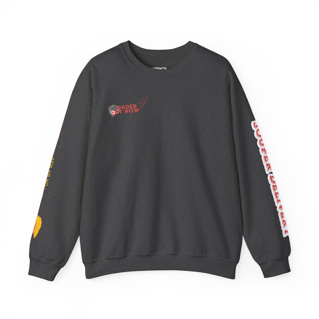Souper Delivery Crewneck Sweatshirt — Retro Soup Can Logo & Hand-Drawn Snail, "Order It Now, Get It Eventually"