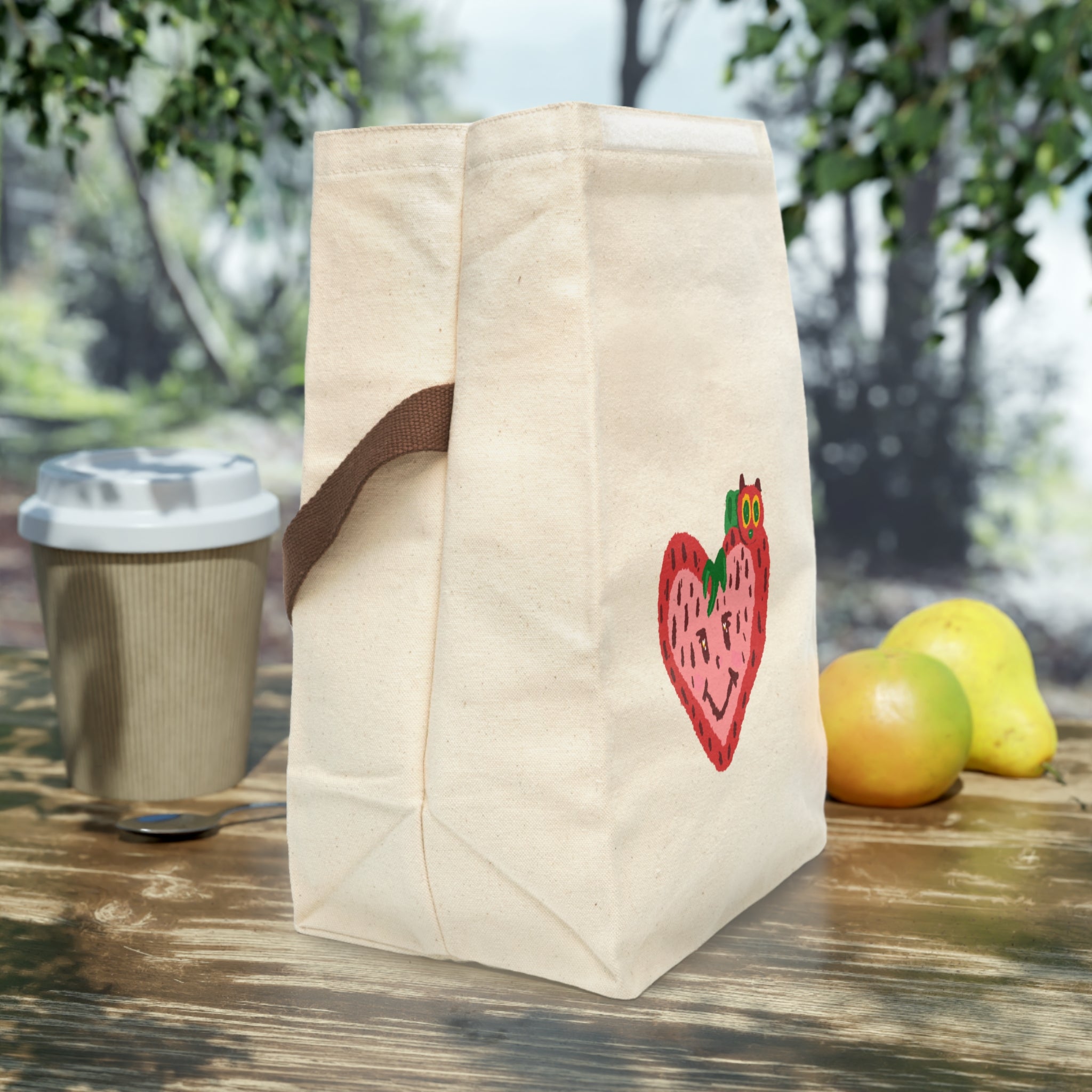 Smiling Strawberry with Colorful Caterpillar Canvas Lunch Bag with Strap