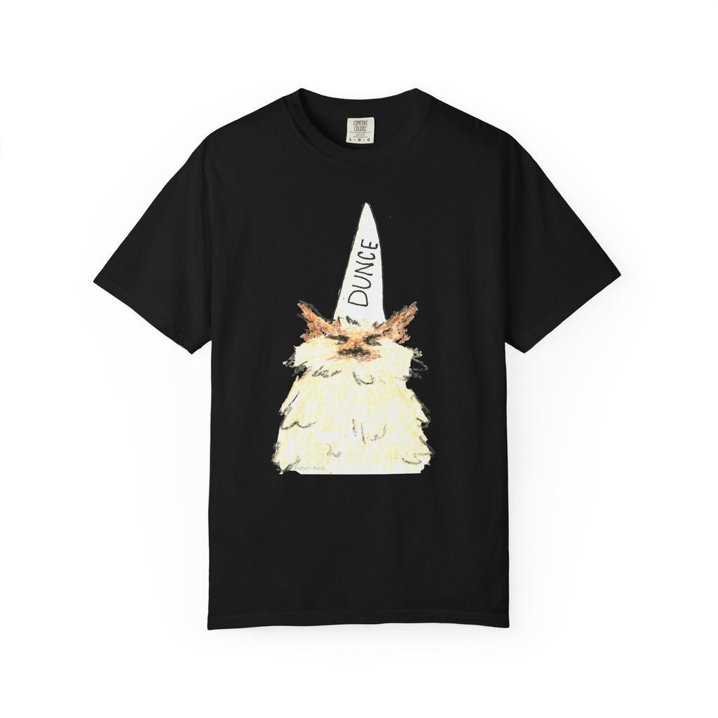 T-Shirt — Fluffy Cat Wearing 'Dunce' Cone Hat Illustrated Tee