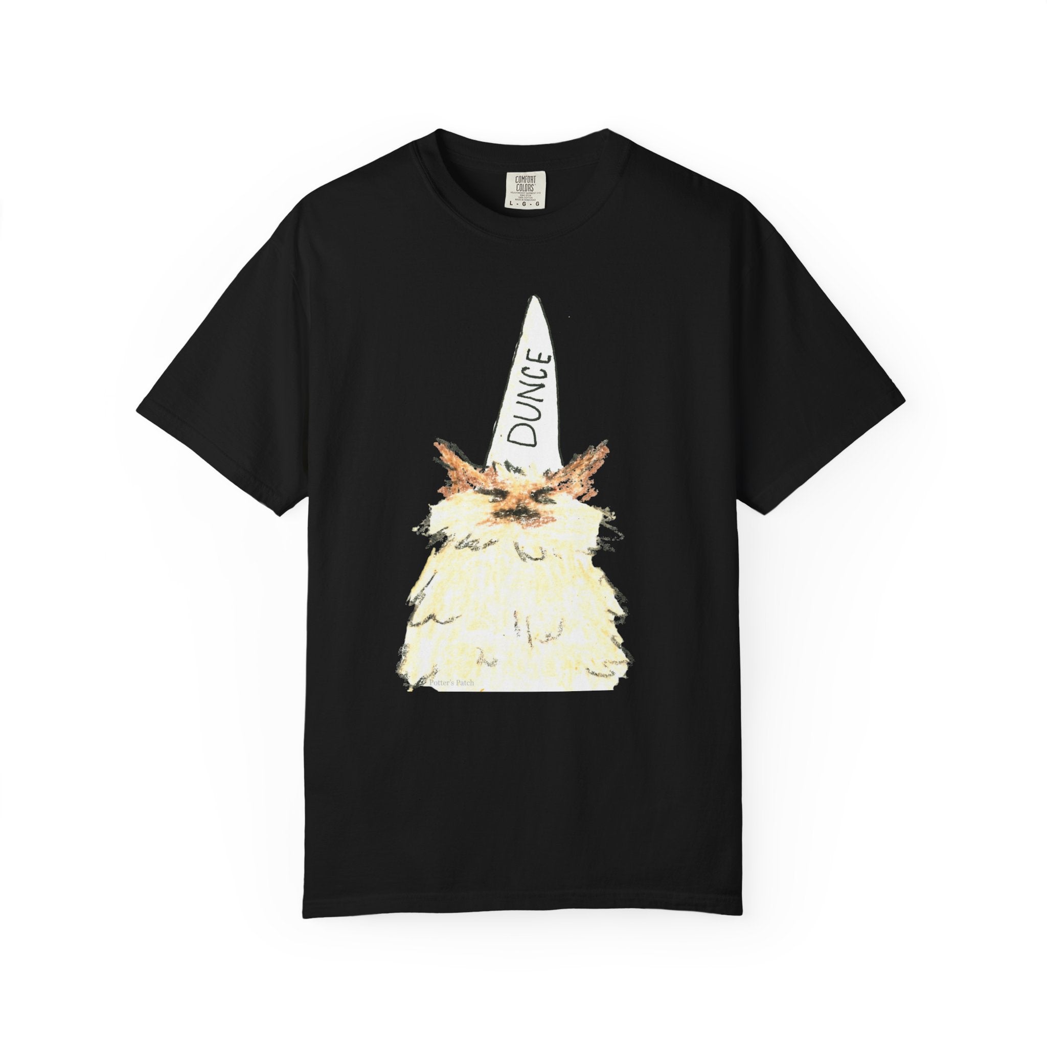 T-Shirt — Fluffy Cat Wearing 'Dunce' Cone Hat Illustrated Tee