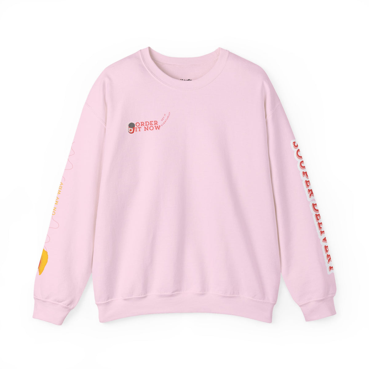 Souper Delivery Crewneck Sweatshirt — Retro Soup Can Logo & Hand-Drawn Snail, "Order It Now, Get It Eventually"