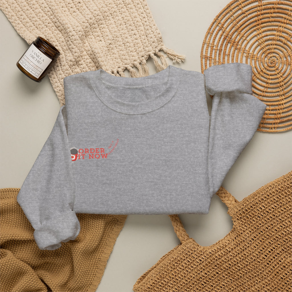 Souper Delivery Crewneck Sweatshirt — Retro Soup Can Logo & Hand-Drawn Snail, "Order It Now, Get It Eventually"