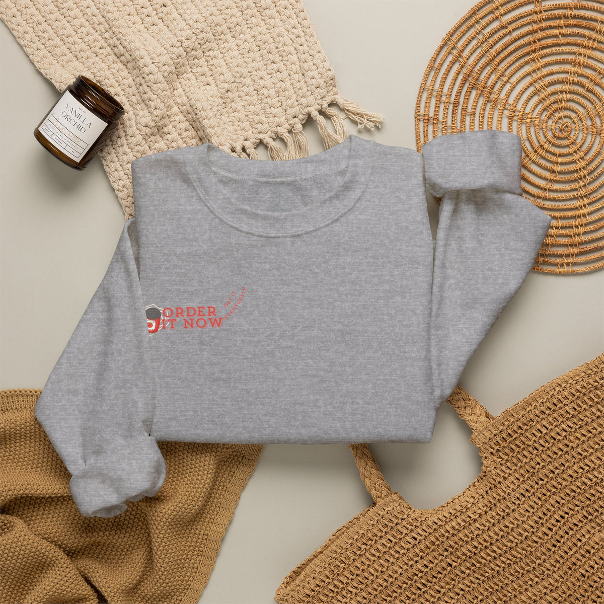 Souper Delivery Crewneck Sweatshirt — Retro Soup Can Logo & Hand-Drawn Snail, "Order It Now, Get It Eventually"