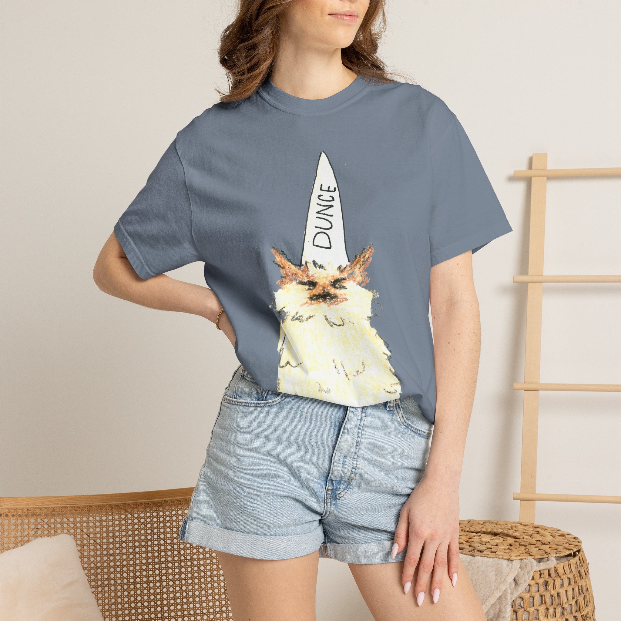 T-Shirt — Fluffy Cat Wearing 'Dunce' Cone Hat Illustrated Tee