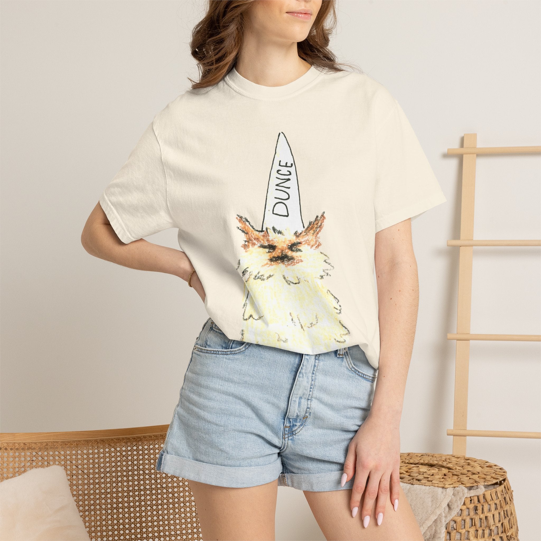 T-Shirt — Fluffy Cat Wearing 'Dunce' Cone Hat Illustrated Tee