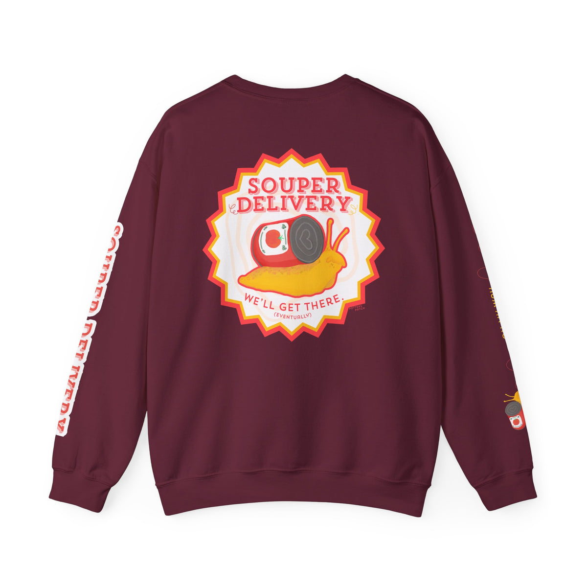Souper Delivery Crewneck Sweatshirt — Retro Soup Can Logo & Hand-Drawn Snail, "Order It Now, Get It Eventually"