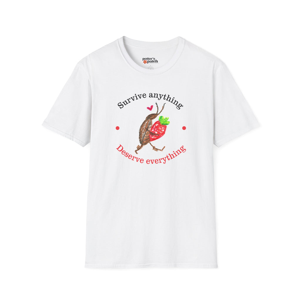T-Shirt — "Survive Anything, Preserve Everything" Strawberry & Cockroach Bug Illustration