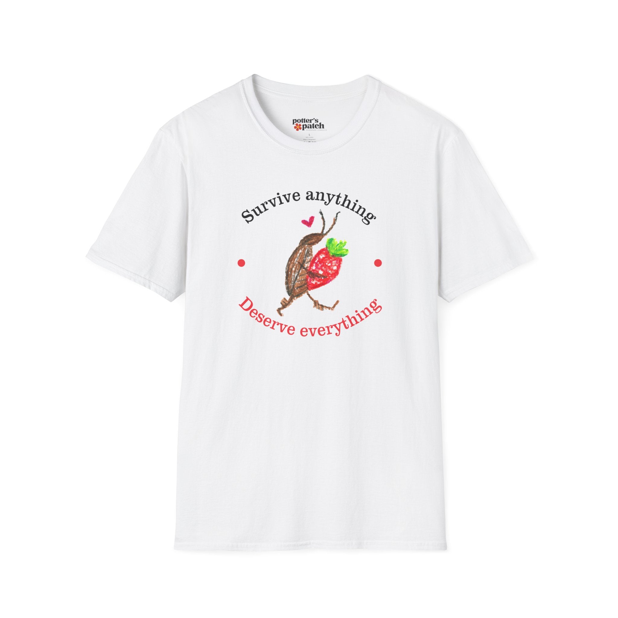 T-Shirt — "Survive Anything, Preserve Everything" Strawberry & Cockroach Bug Illustration