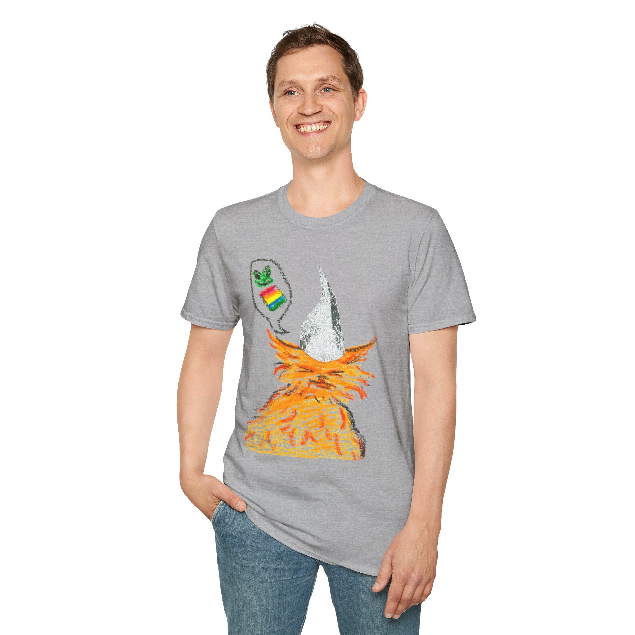 Orange Cat Conspiracy Theorist Hand Drawn Unisex Softstyle T-Shirt Frogs are Gay It's in the Water Funny Shirt