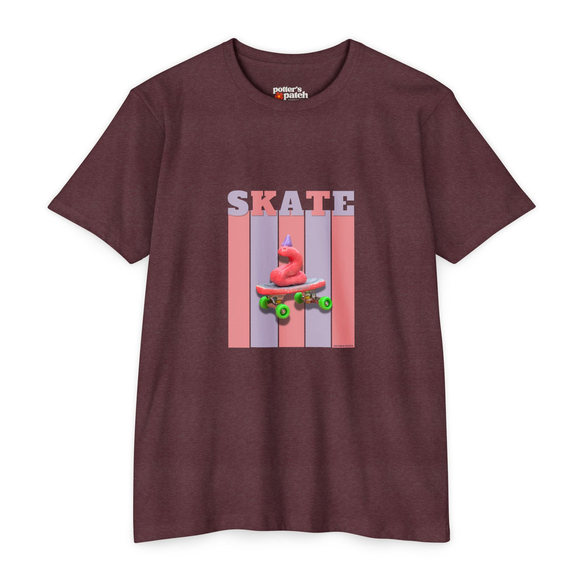 Skate Snake with Party Hat Pink Graphic Tee — Retro Stripes Skateboard Design
