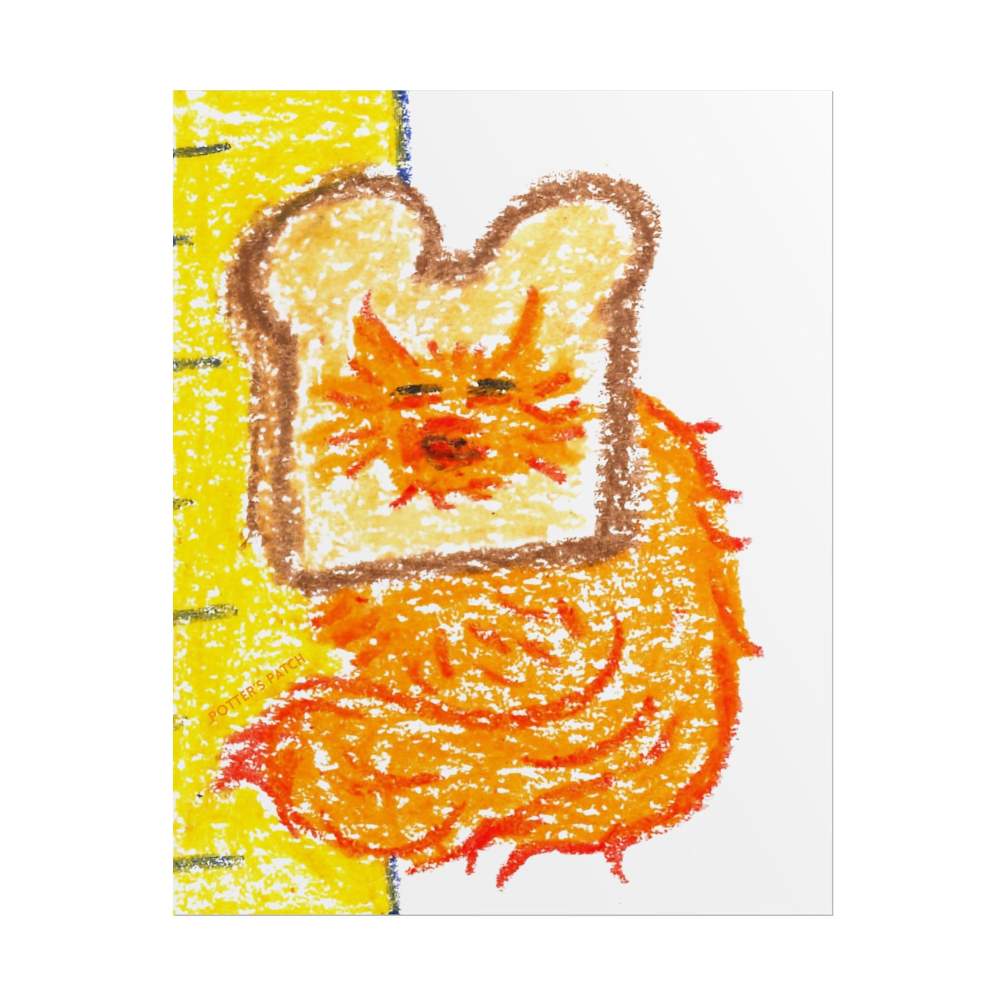 In-Bread Cat Toast Poster Butter Background | Whimsical Crayon Illustration, Rolled Poster 8"x10"