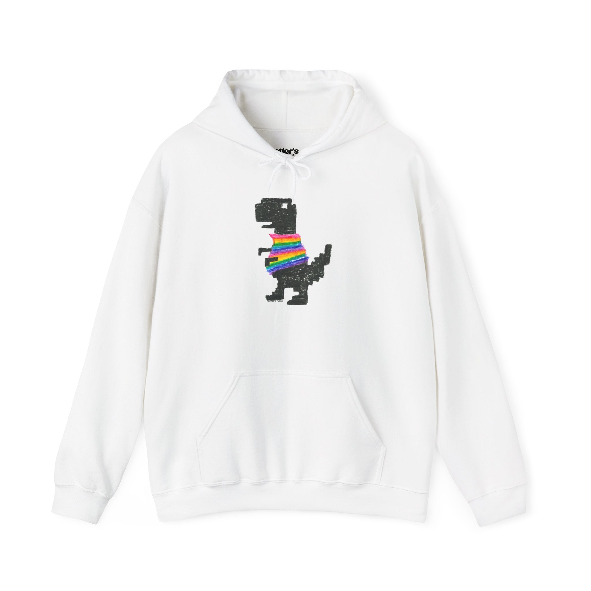 Pixel T-Rex Hoodie | Dinosaur with Rainbow Sweater, Binary Code Back "Hi"