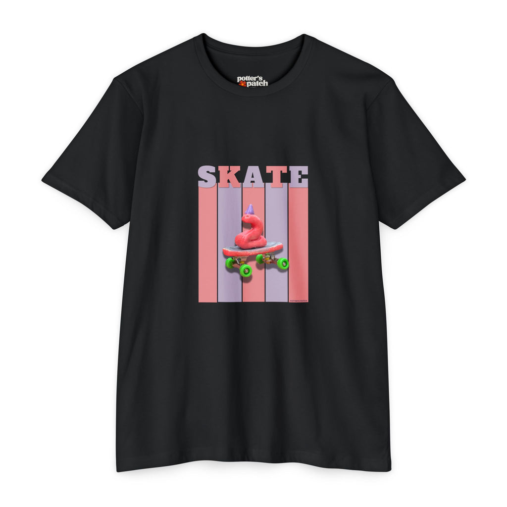 Skate Snake with Party Hat Pink Graphic Tee — Retro Stripes Skateboard Design