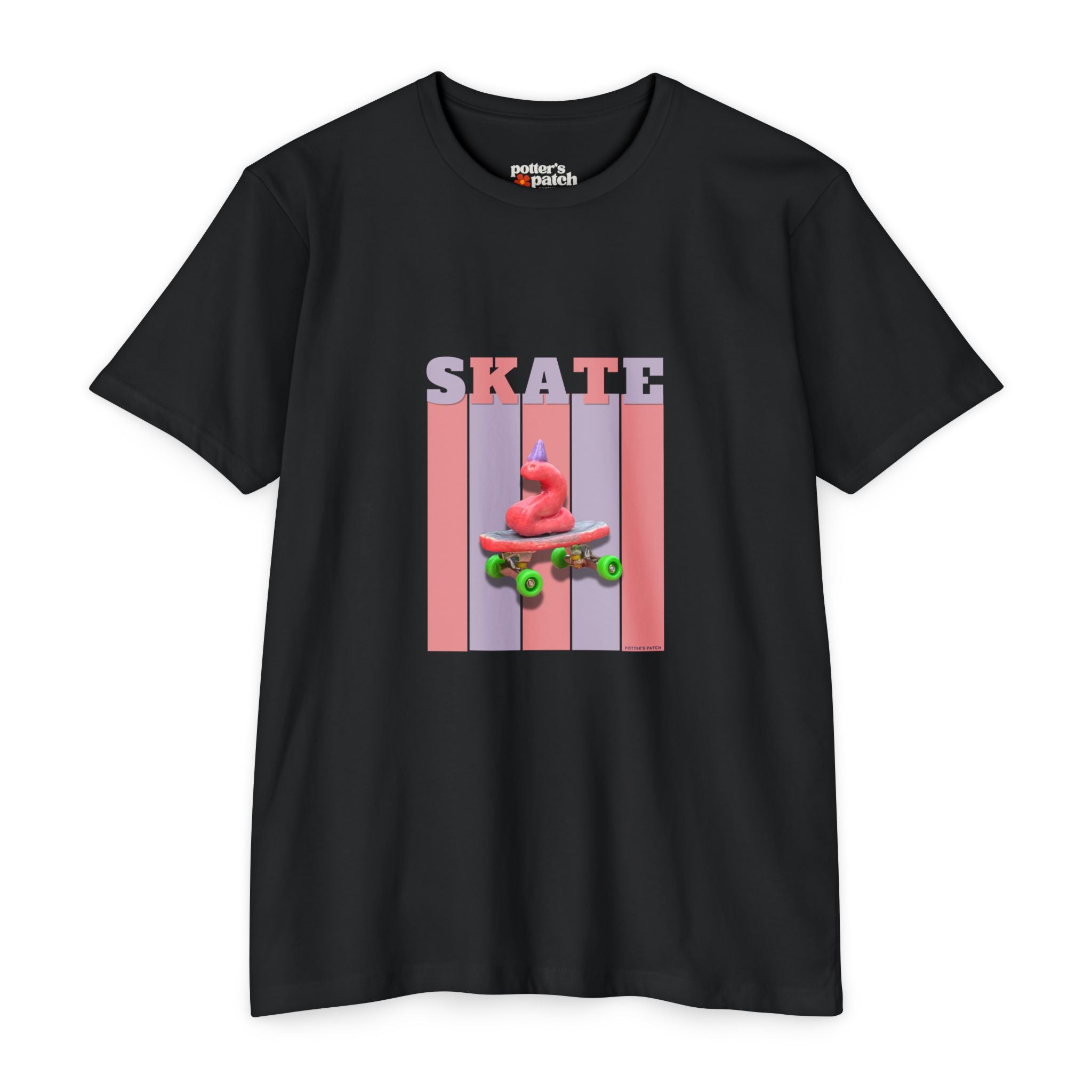 Skate Snake with Party Hat Pink Graphic Tee — Retro Stripes Skateboard Design