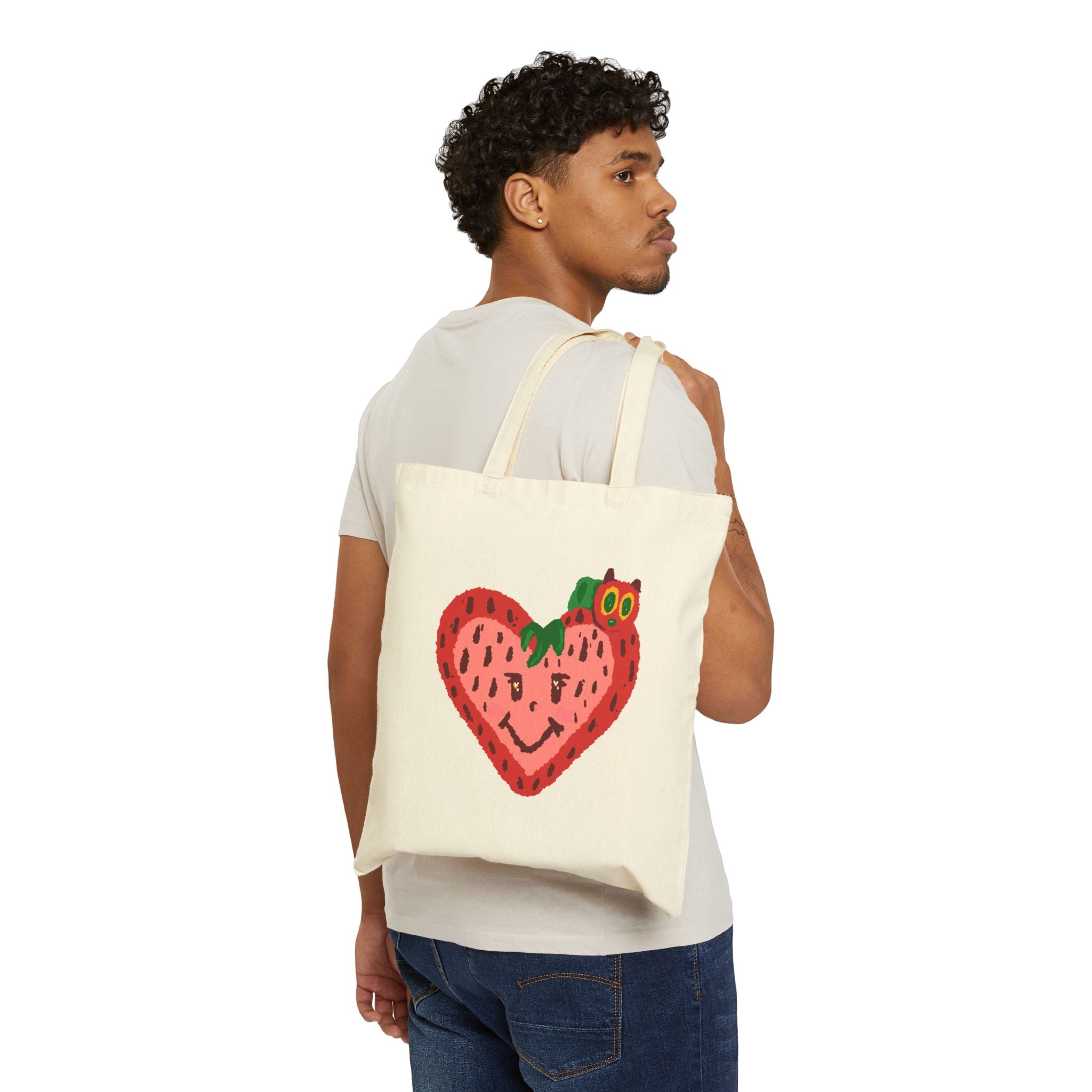 Cute Strawberry with Caterpillar Tote Bag | Hand-Drawn Colorful Canvas
