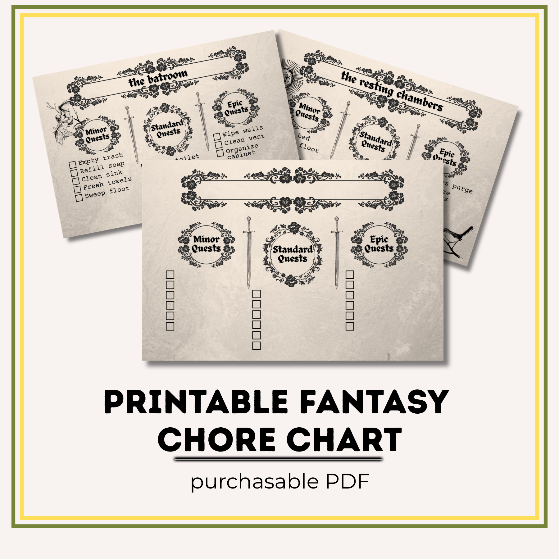 Fantasy Printable Chore Chart | D&D Cleaning Checklist | Gamer Home Organization | Instant Download PDF