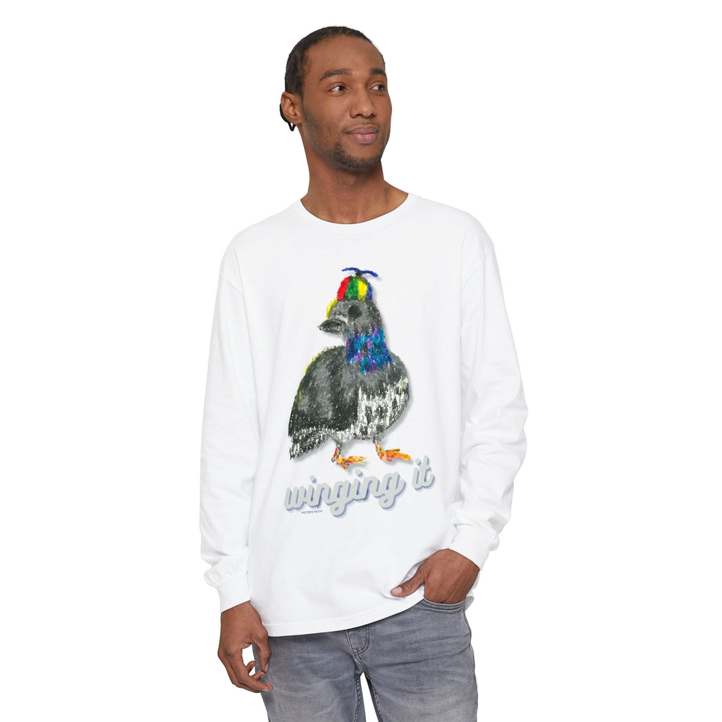 Whimsical Pigeon Illustration Winging It Long Sleeve Tee | Cute Bird Sketch Artist Designed