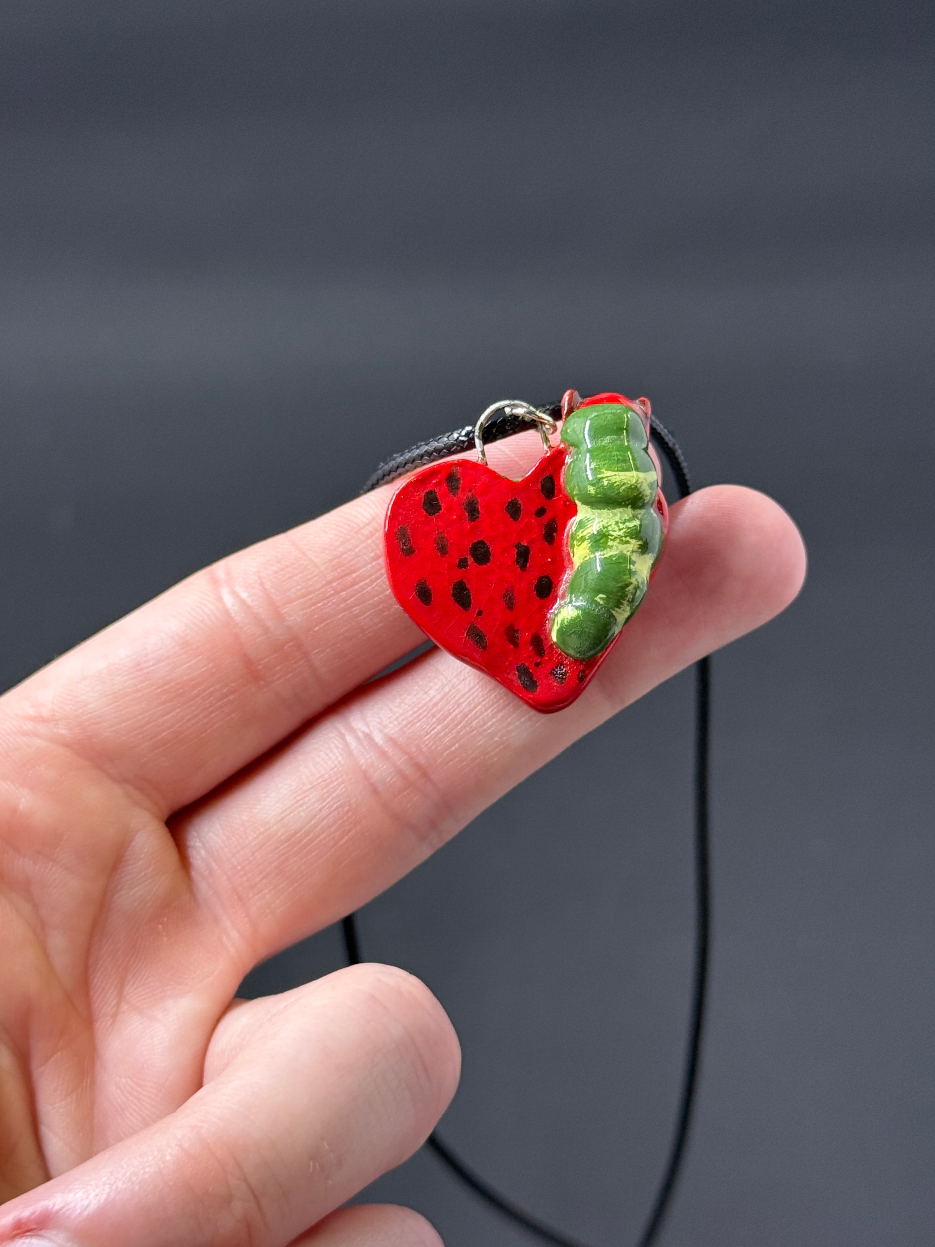 Strawberry & Caterpillar Handcrafted Ceramic Necklace