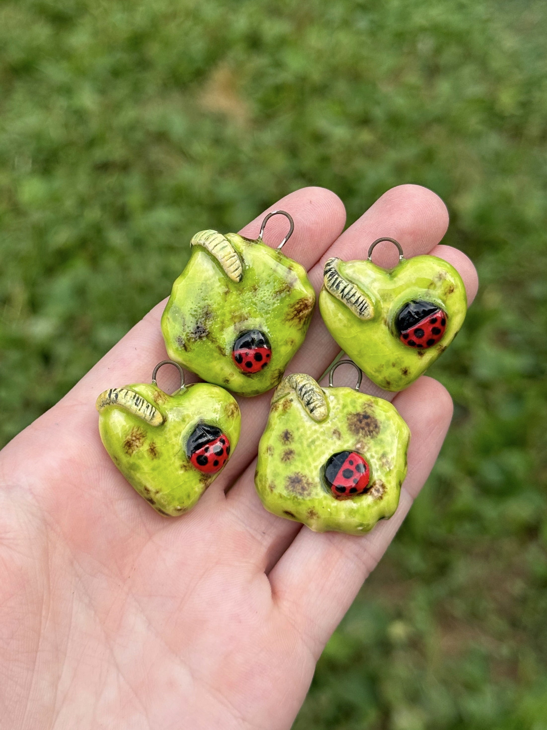Ladybug & Caterpillar Ceramic Heart Pendant | Necklace or Keychain