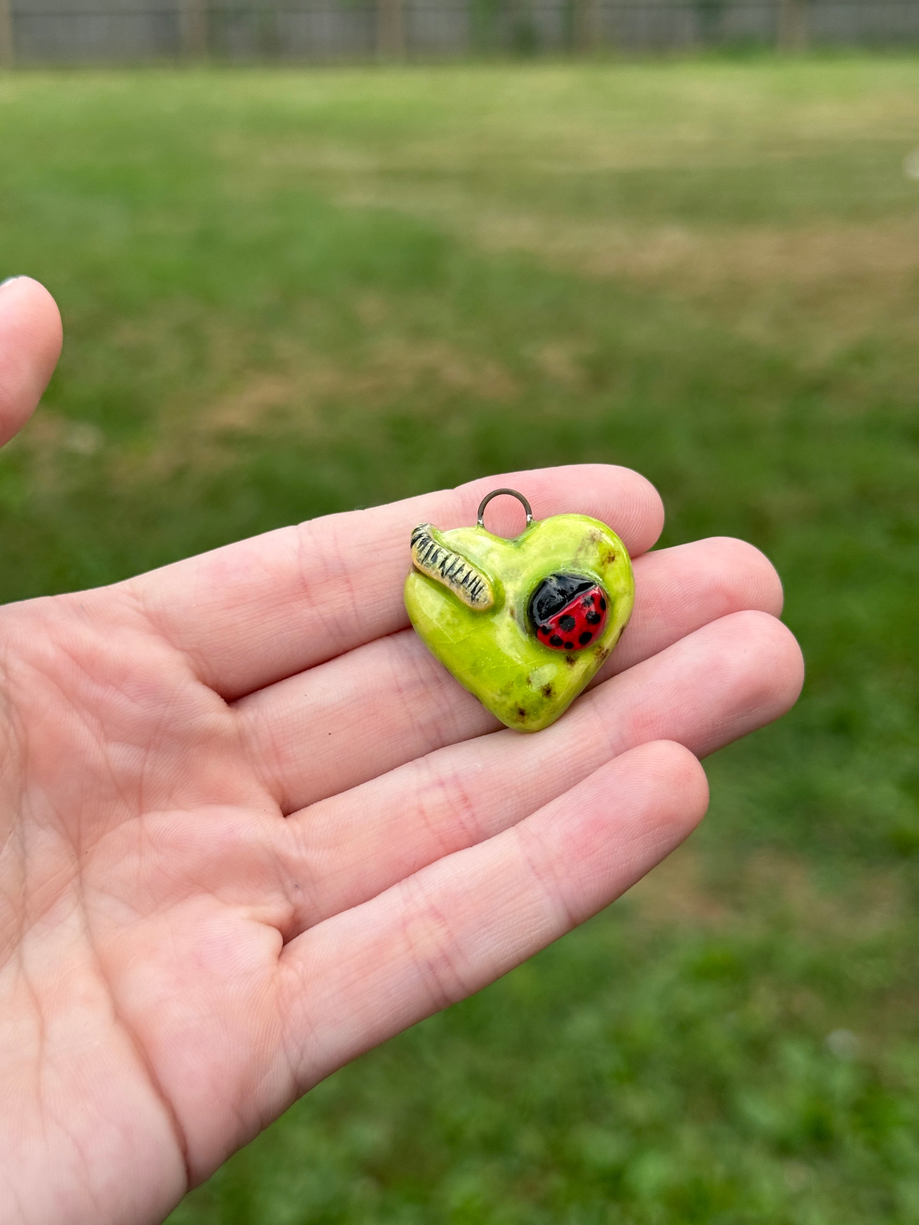 Ladybug & Caterpillar Ceramic Heart Pendant | Necklace or Keychain