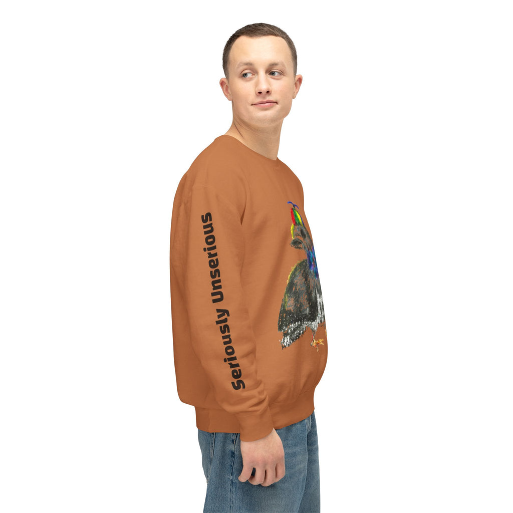 Colorful Pigeon Pinwheel Hat Illustration Sweatshirt | 'Curiously Unserious' Sleeve Text