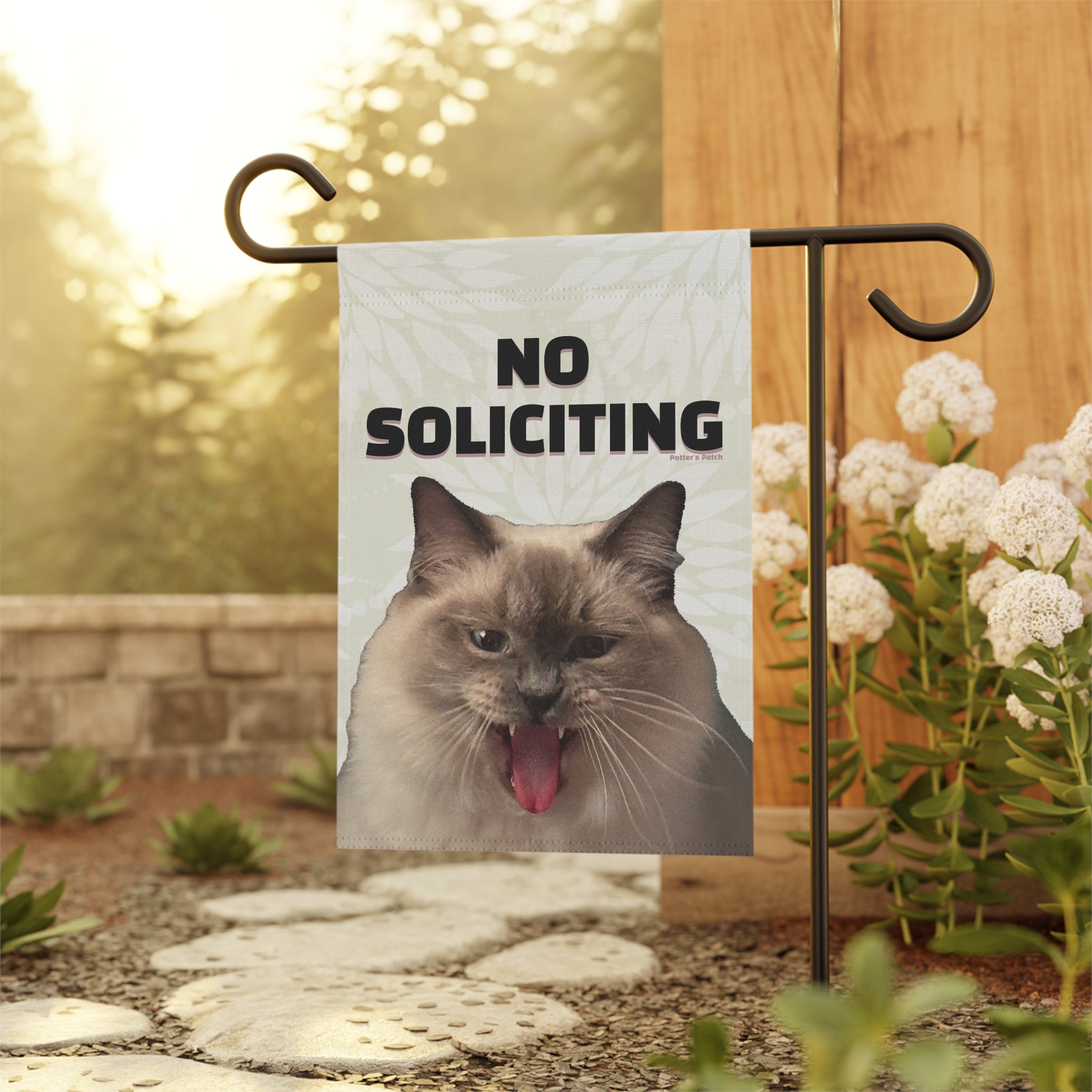 No Soliciting Cat Garden Flag | House Banner, Funny Cat Lawn Decor 12"x8"