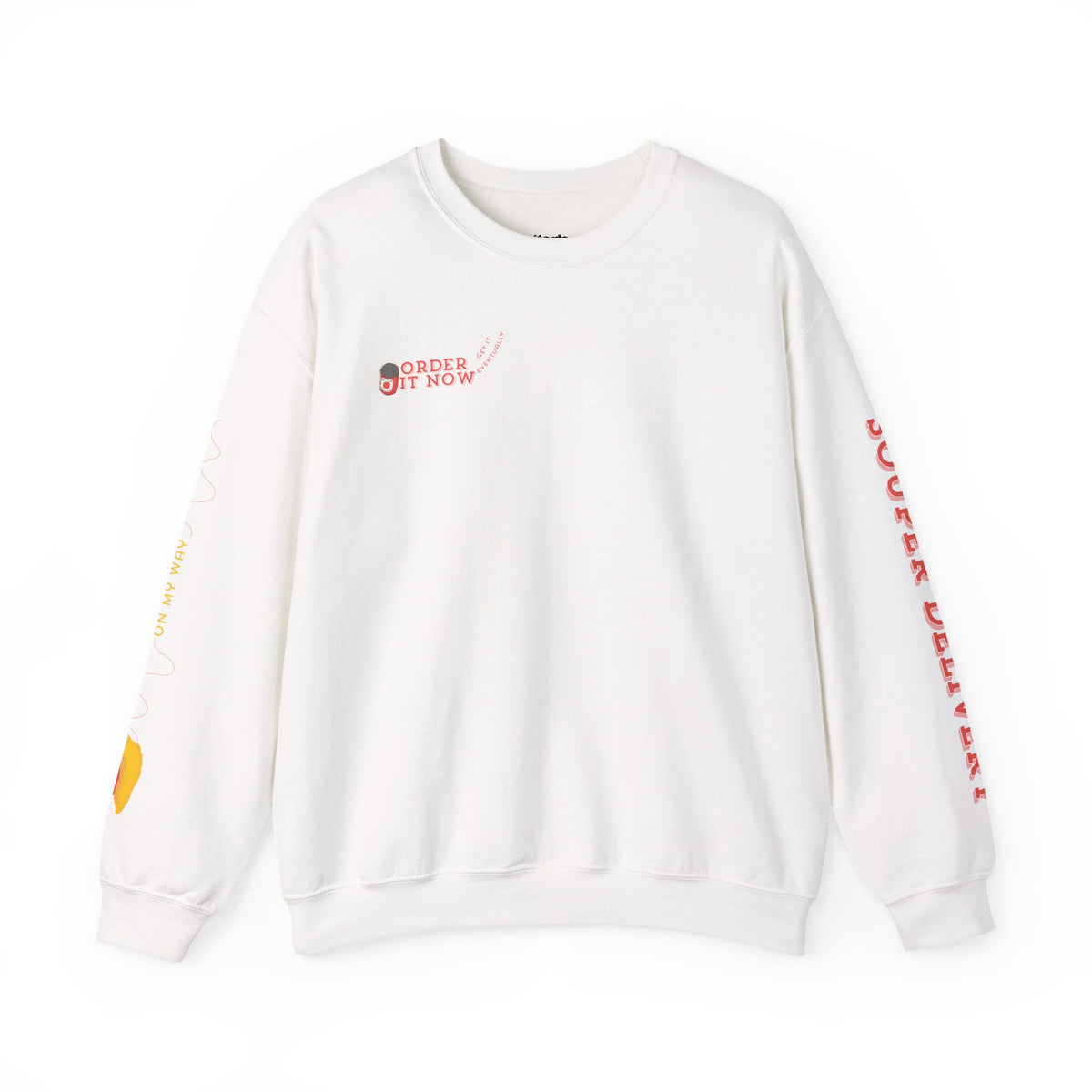 Souper Delivery Crewneck Sweatshirt — Retro Soup Can Logo & Hand-Drawn Snail, "Order It Now, Get It Eventually"