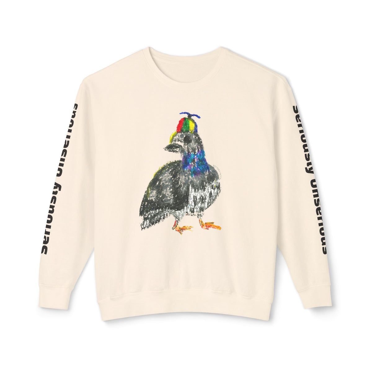 Colorful Pigeon Pinwheel Hat Illustration Sweatshirt | 'Curiously Unserious' Sleeve Text
