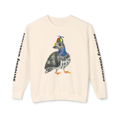 Colorful Pigeon Pinwheel Hat Illustration Sweatshirt | 'Curiously Unserious' Sleeve Text