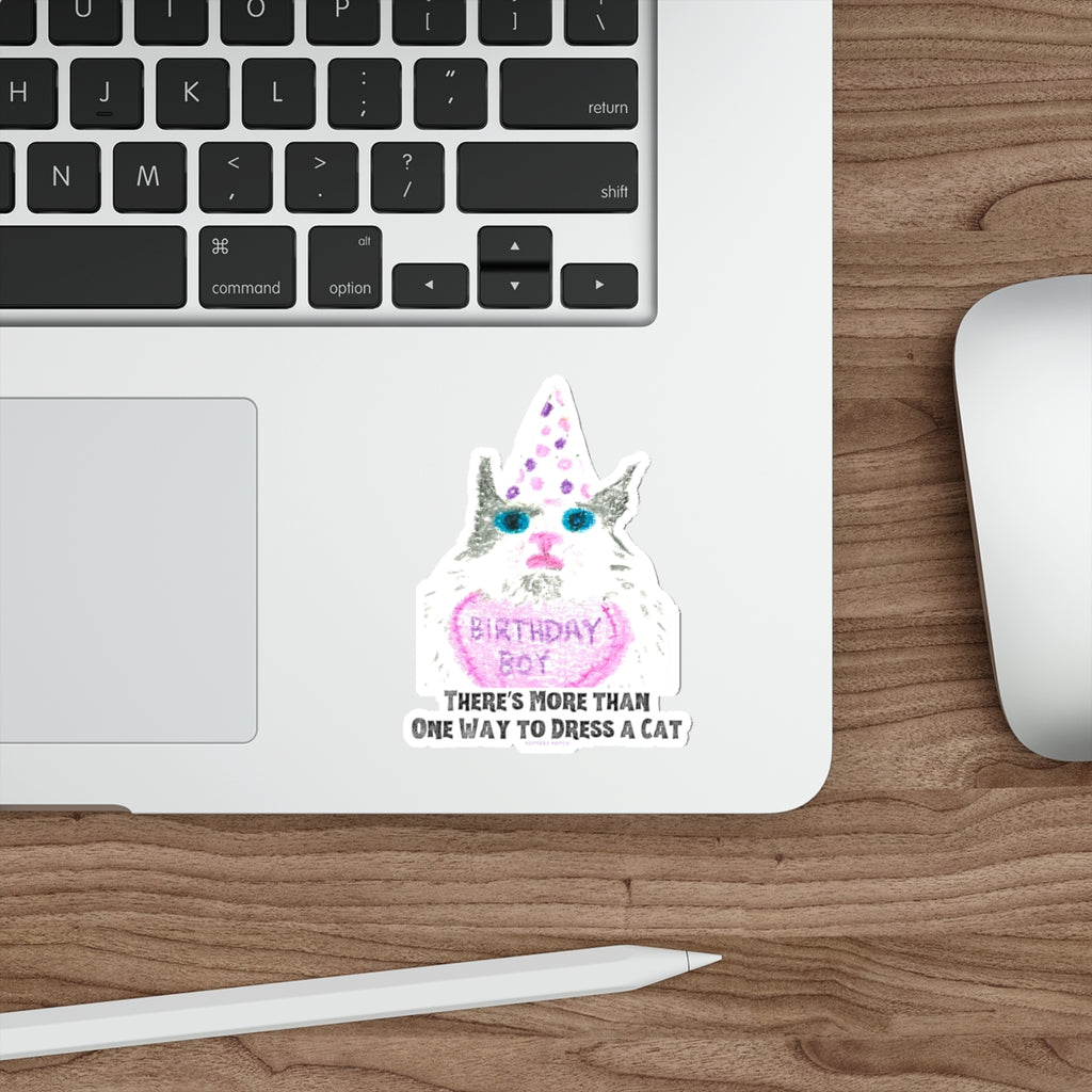More Than One Way To Dress A Cat- Birthday Boy Grey and White Cat Die-Cut Sticker