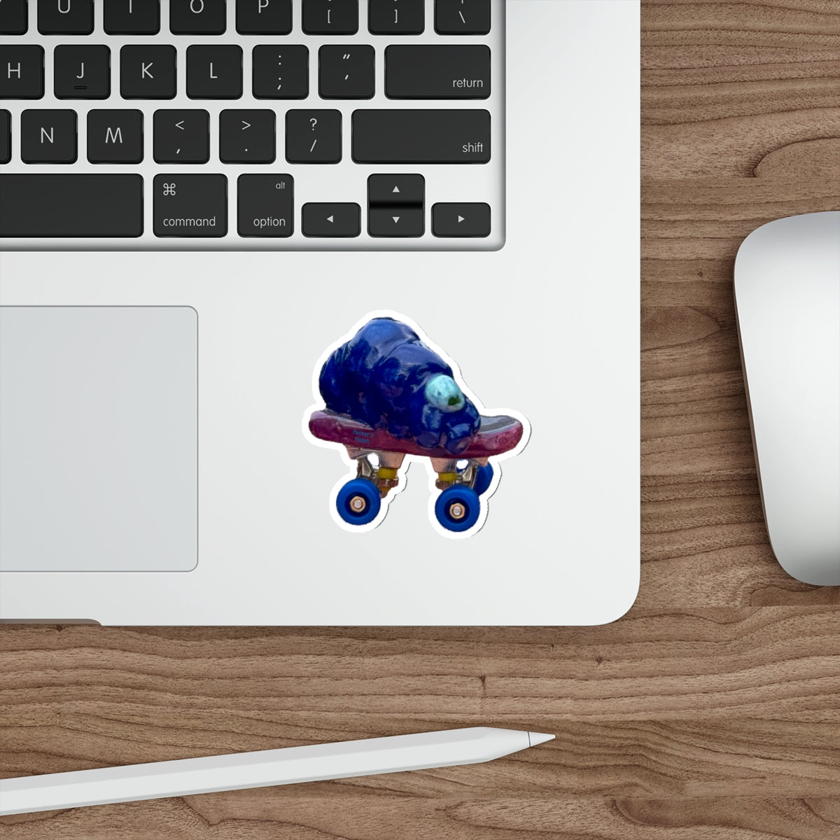 Die-Cut Sticker — Cute Blue Tardigrade on Skateboard (Whimsical Laptop Sticker)