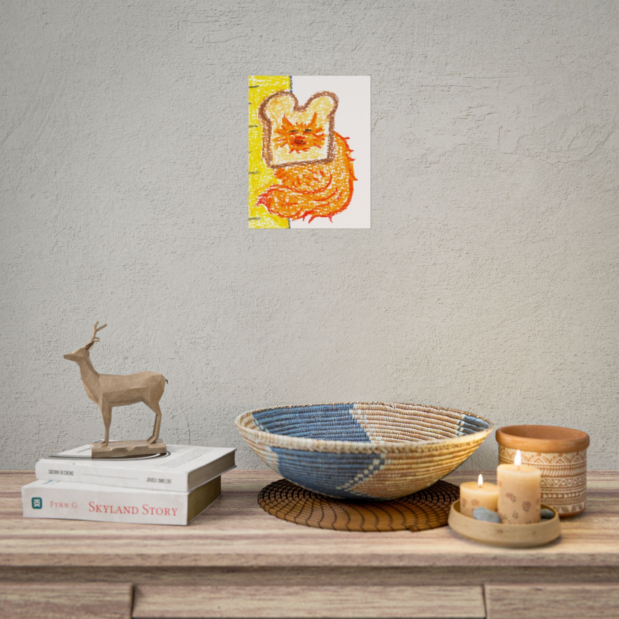 In-Bread Cat Toast Poster Butter Background | Whimsical Crayon Illustration, Rolled Poster 8"x10"
