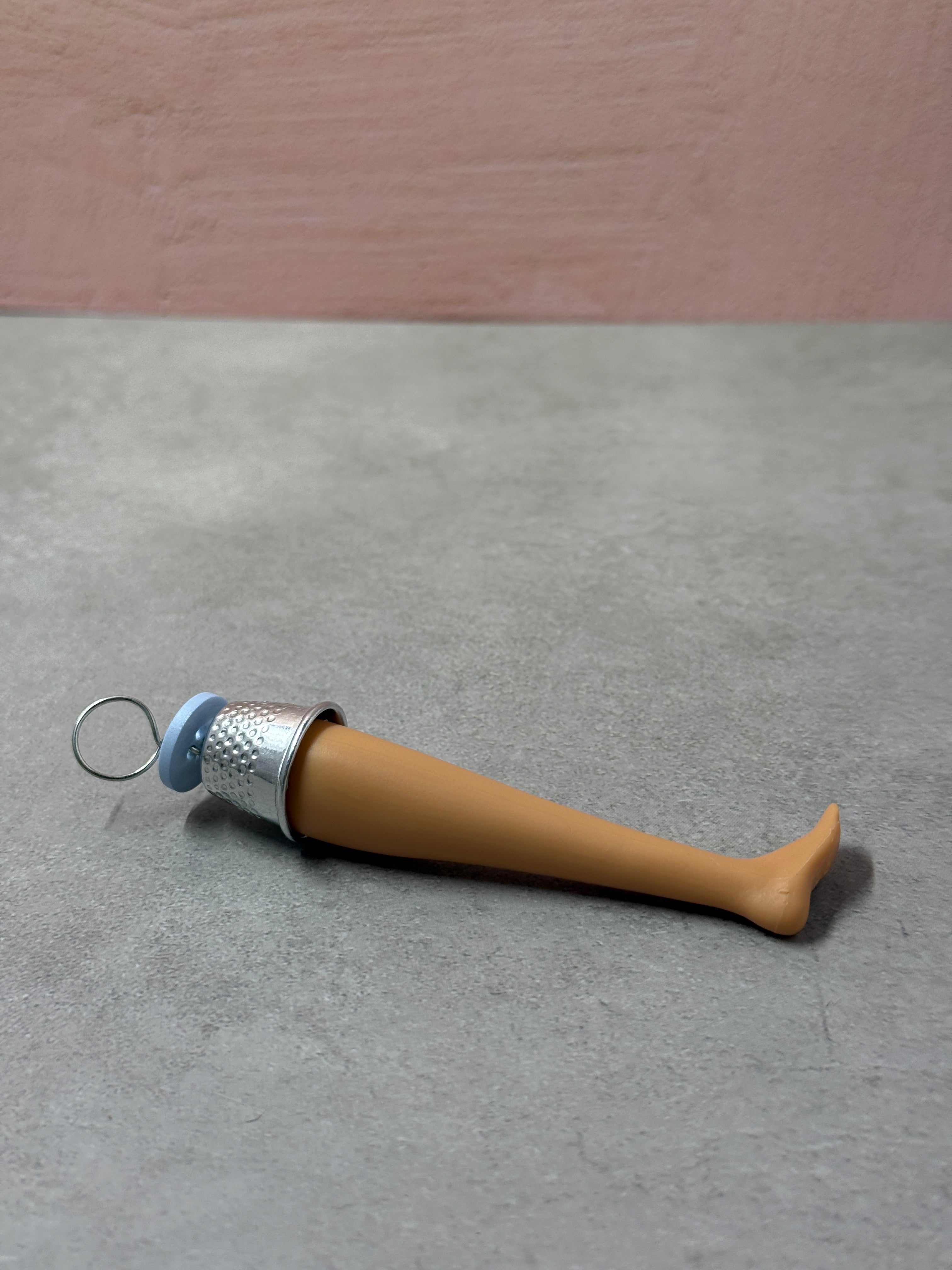 Doll Leg Upcycled Keychain with Thimble and Blue Button