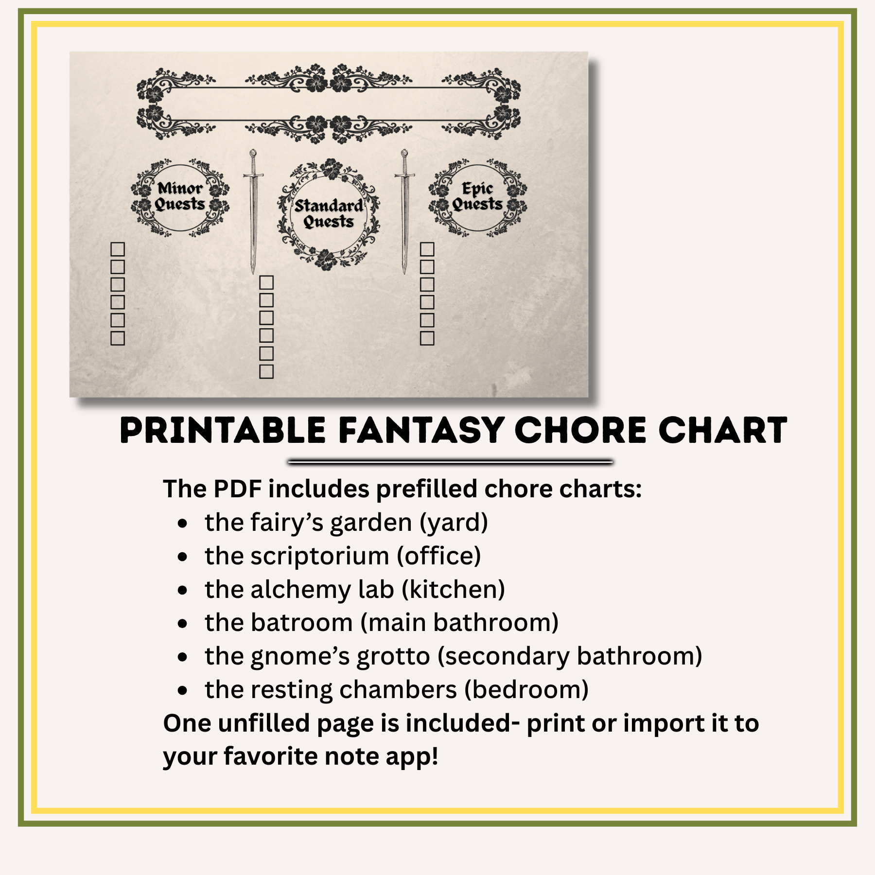 Fantasy Printable Chore Chart | D&D Cleaning Checklist | Gamer Home Organization | Instant Download PDF
