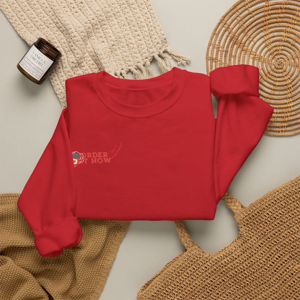 Souper Delivery Crewneck Sweatshirt — Retro Soup Can Logo & Hand-Drawn Snail, "Order It Now, Get It Eventually"