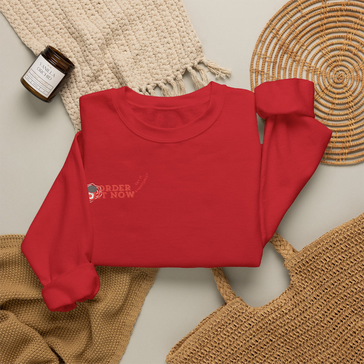 Souper Delivery Crewneck Sweatshirt — Retro Soup Can Logo & Hand-Drawn Snail, "Order It Now, Get It Eventually"