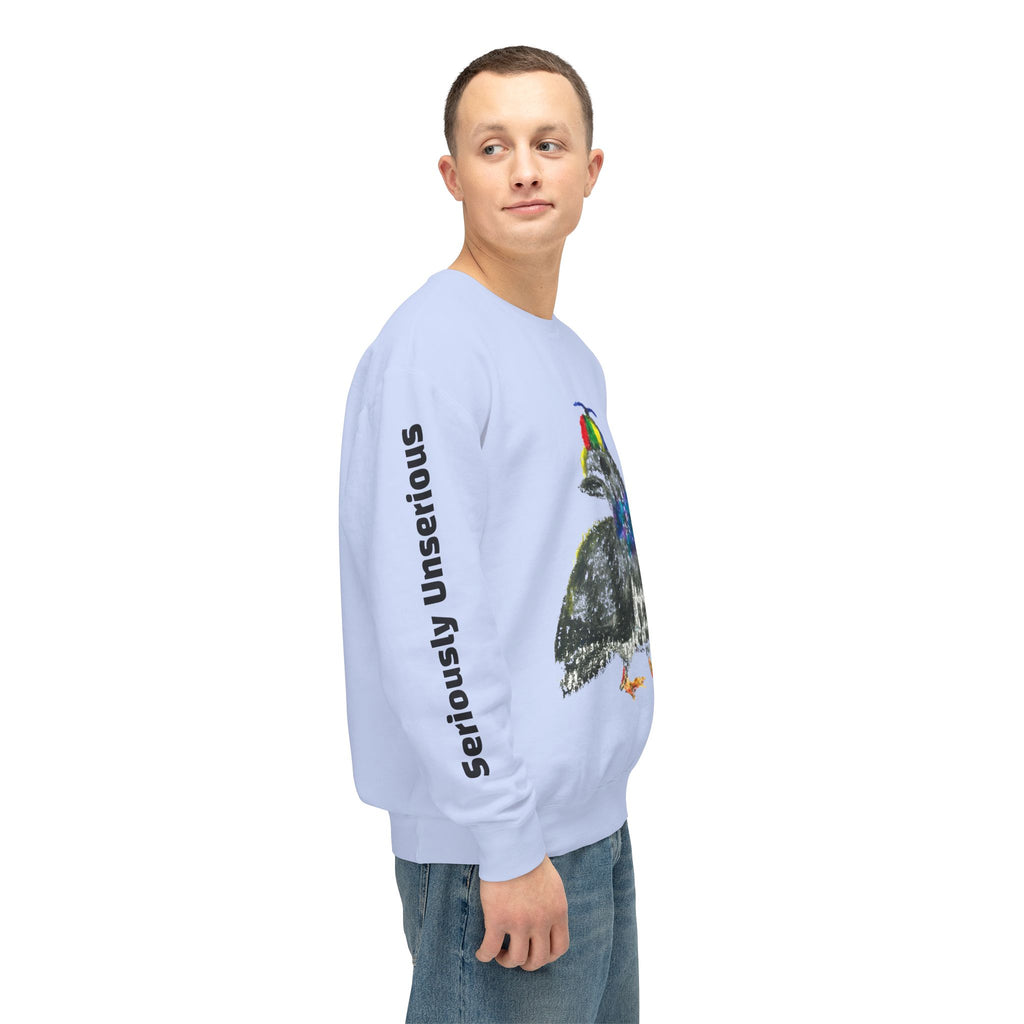 Colorful Pigeon Pinwheel Hat Illustration Sweatshirt | 'Curiously Unserious' Sleeve Text