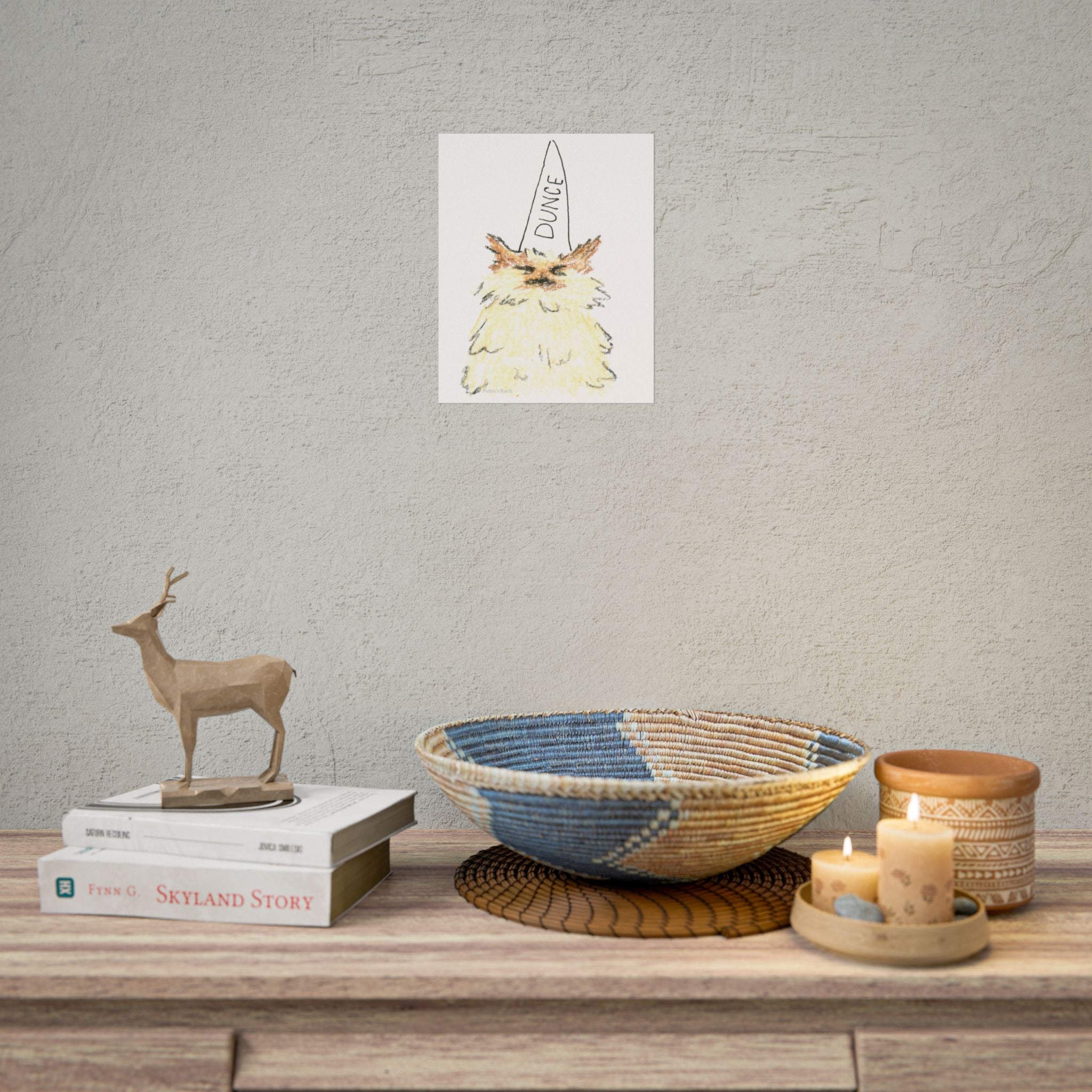 Dunce Cat Rolled Poster | Whimsical Hand-Drawn Illustration, Humorous Wall Art