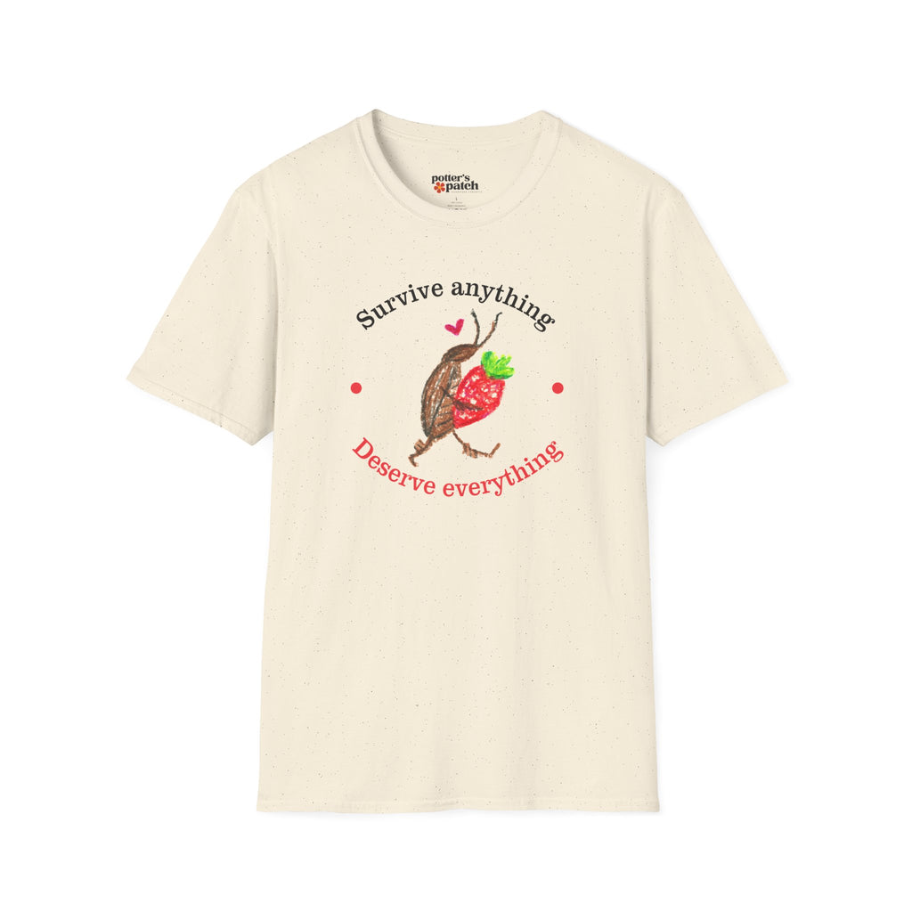 T-Shirt — "Survive Anything, Preserve Everything" Strawberry & Cockroach Bug Illustration