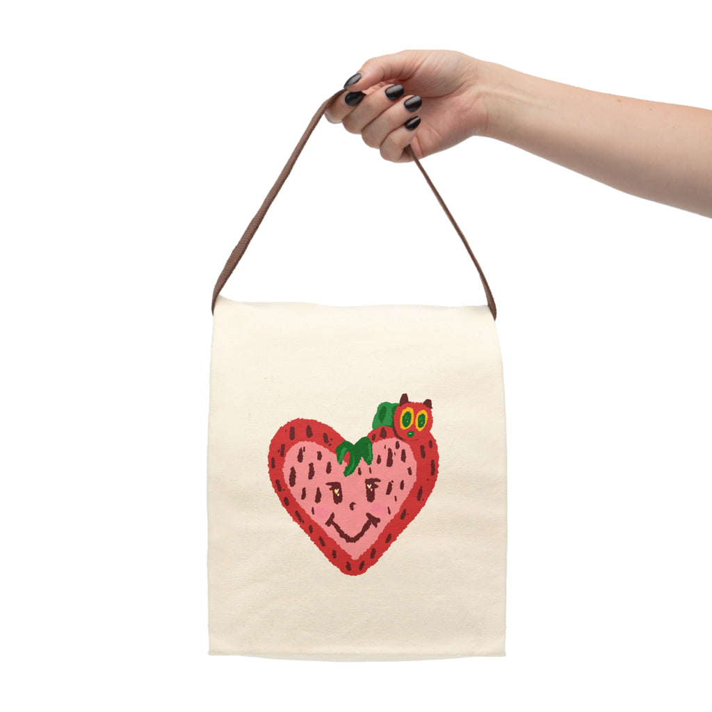 Smiling Strawberry with Colorful Caterpillar Canvas Lunch Bag with Strap