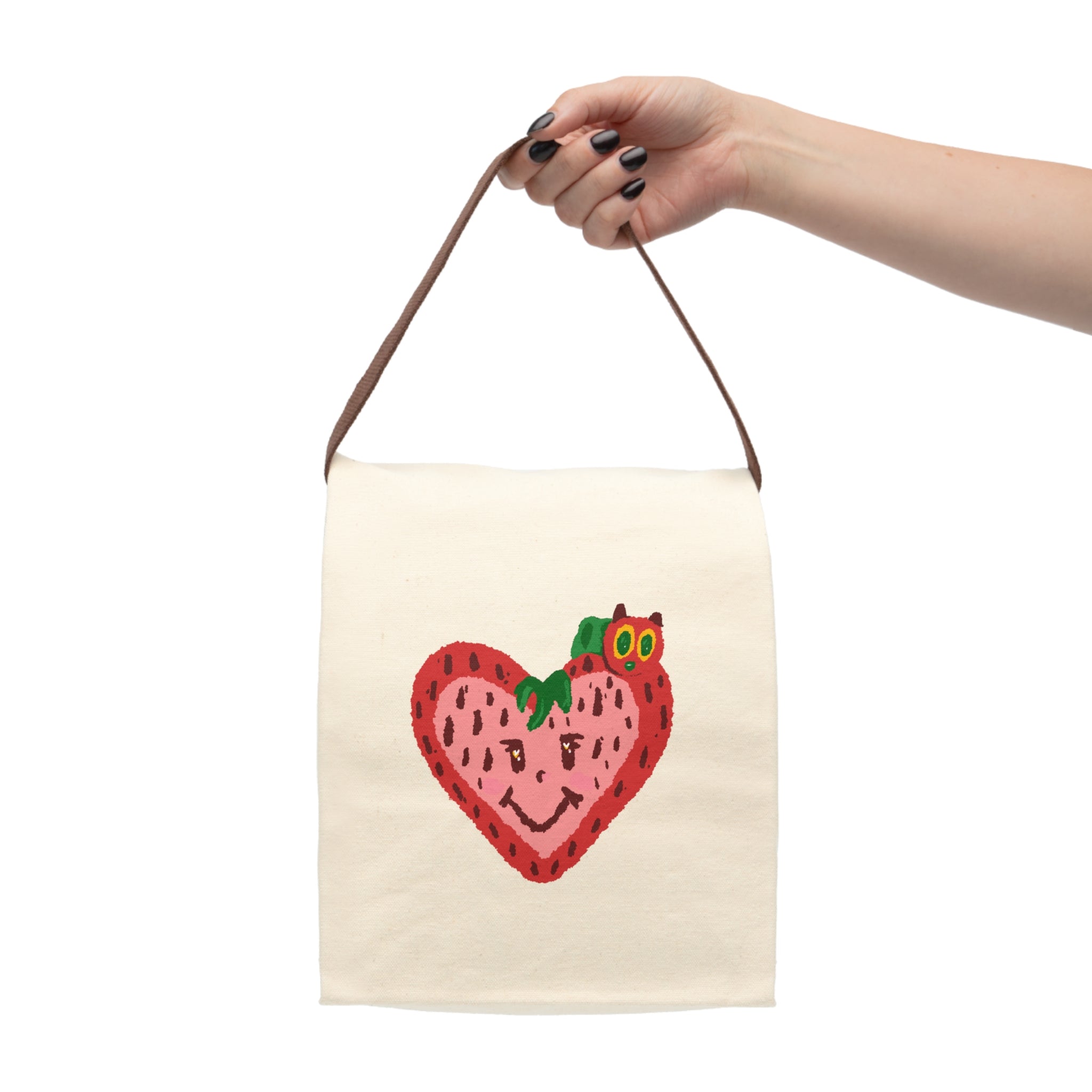 Smiling Strawberry with Colorful Caterpillar Canvas Lunch Bag with Strap