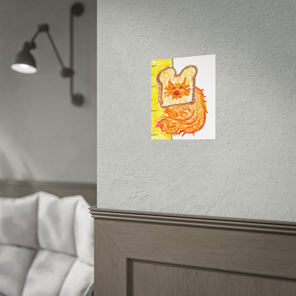 In-Bread Cat Toast Poster Butter Background | Whimsical Crayon Illustration, Rolled Poster 8"x10"