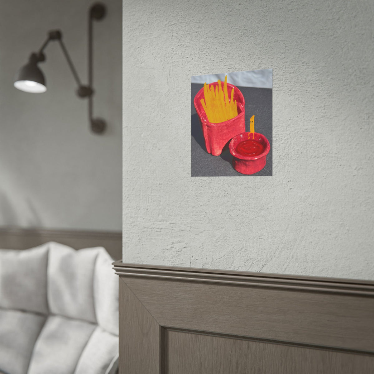 Whimsical French Fry & Ketchup Poster — Playful Fast Food Art Print Ceramic Art Mixed Media