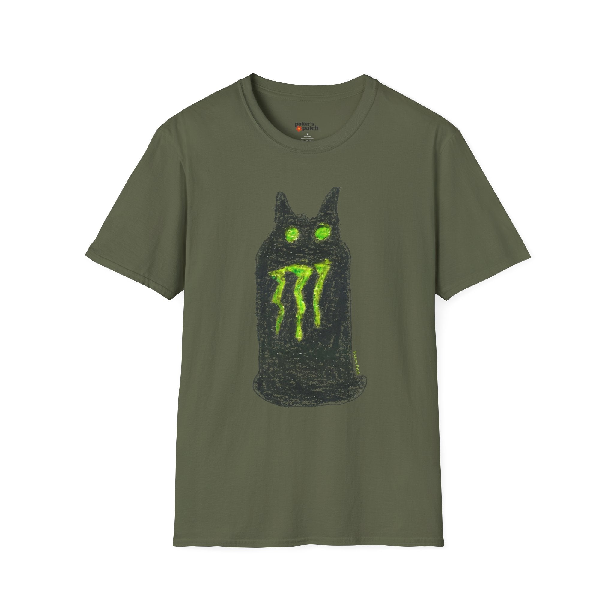 Green-Eyed Monster Cat T-Shirt | Grunge Cat Illustration