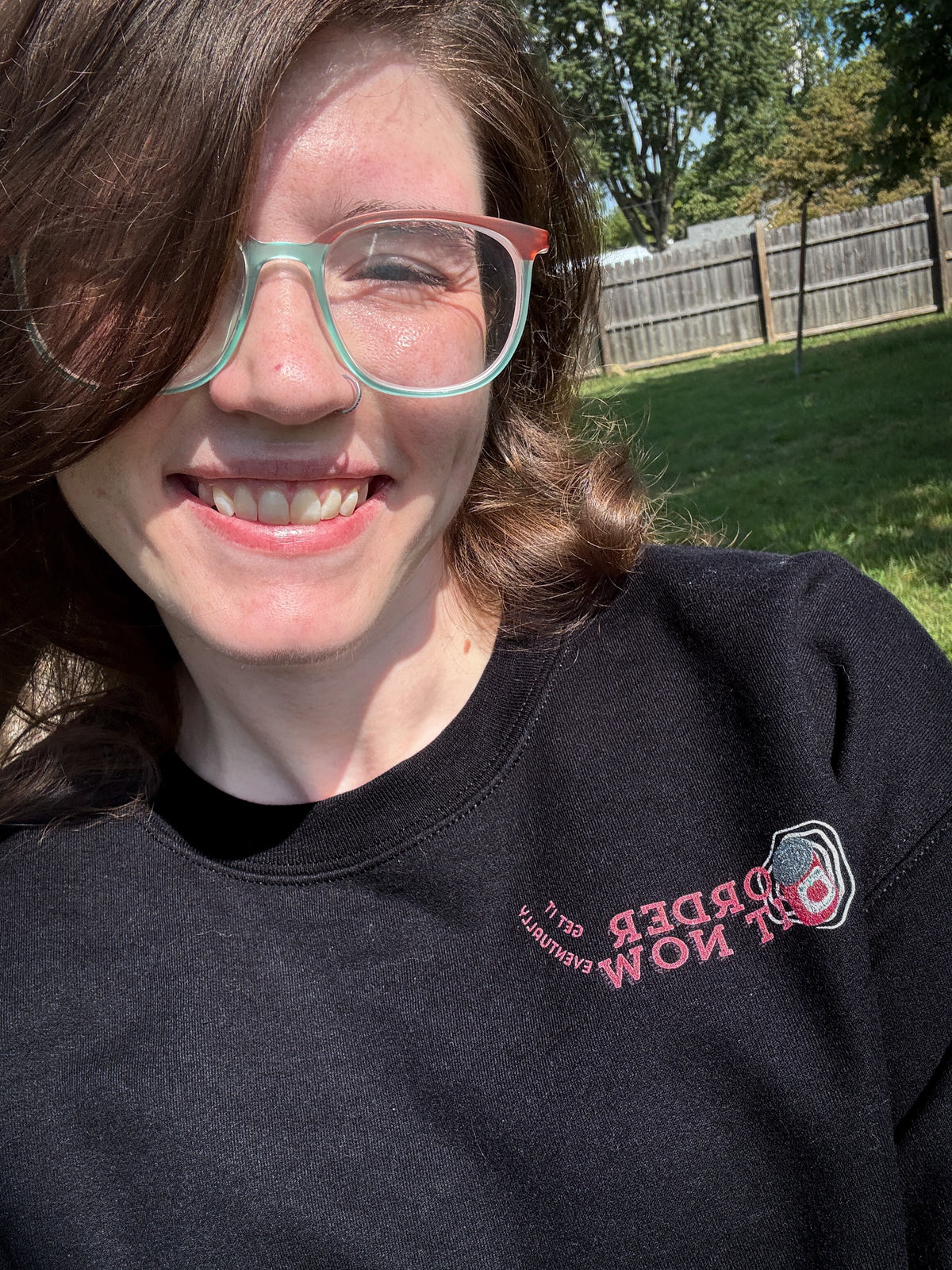 Souper Delivery Crewneck Sweatshirt — Retro Soup Can Logo & Hand-Drawn Snail, "Order It Now, Get It Eventually"
