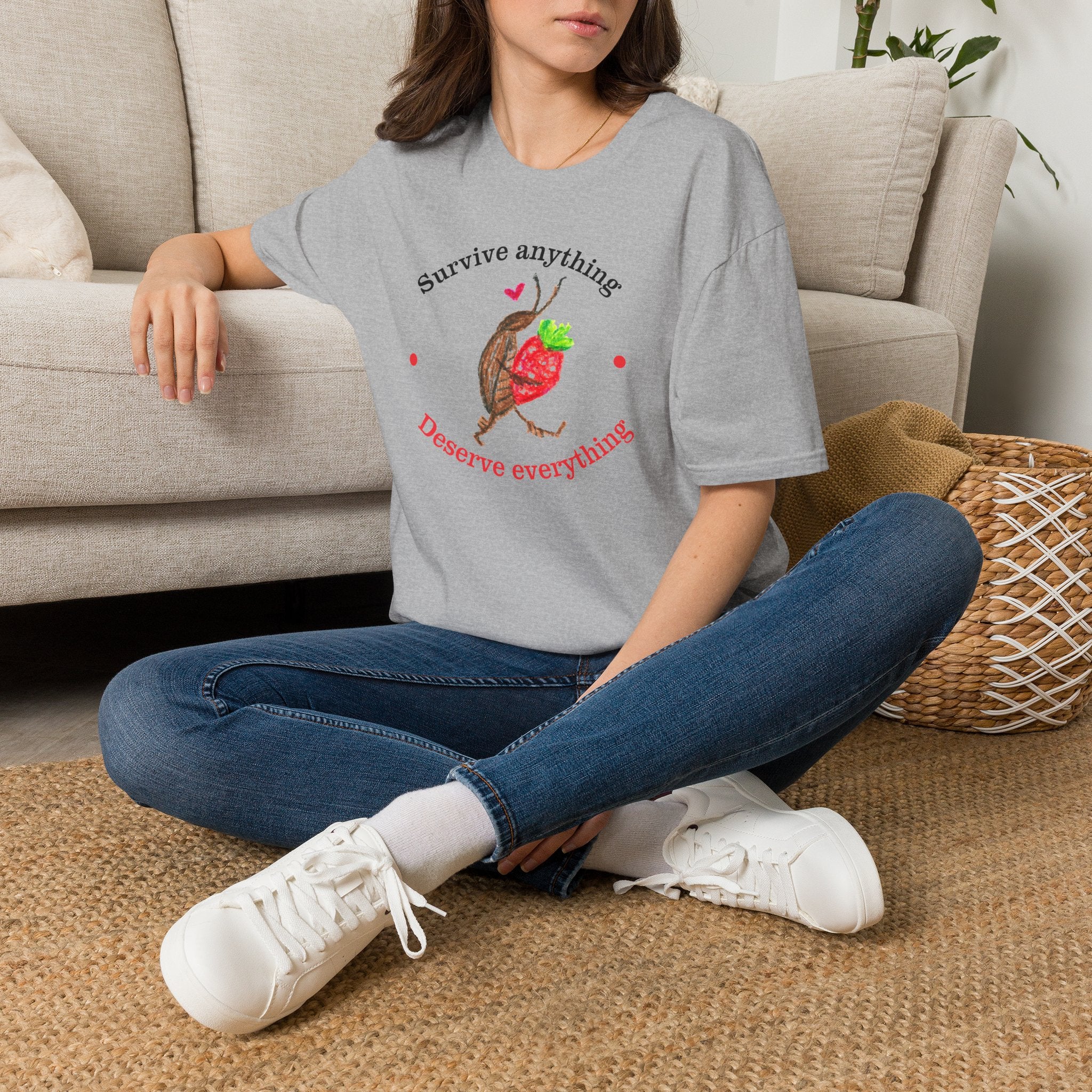 T-Shirt — "Survive Anything, Preserve Everything" Strawberry & Cockroach Bug Illustration