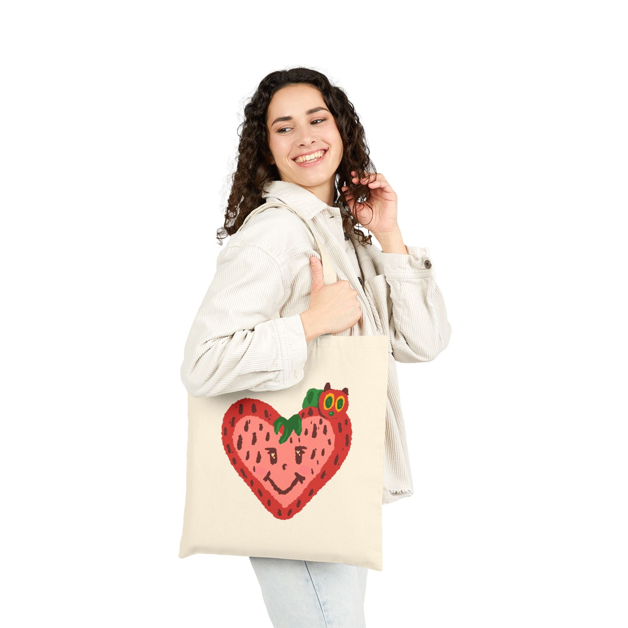 Cute Strawberry with Caterpillar Tote Bag | Hand-Drawn Colorful Canvas