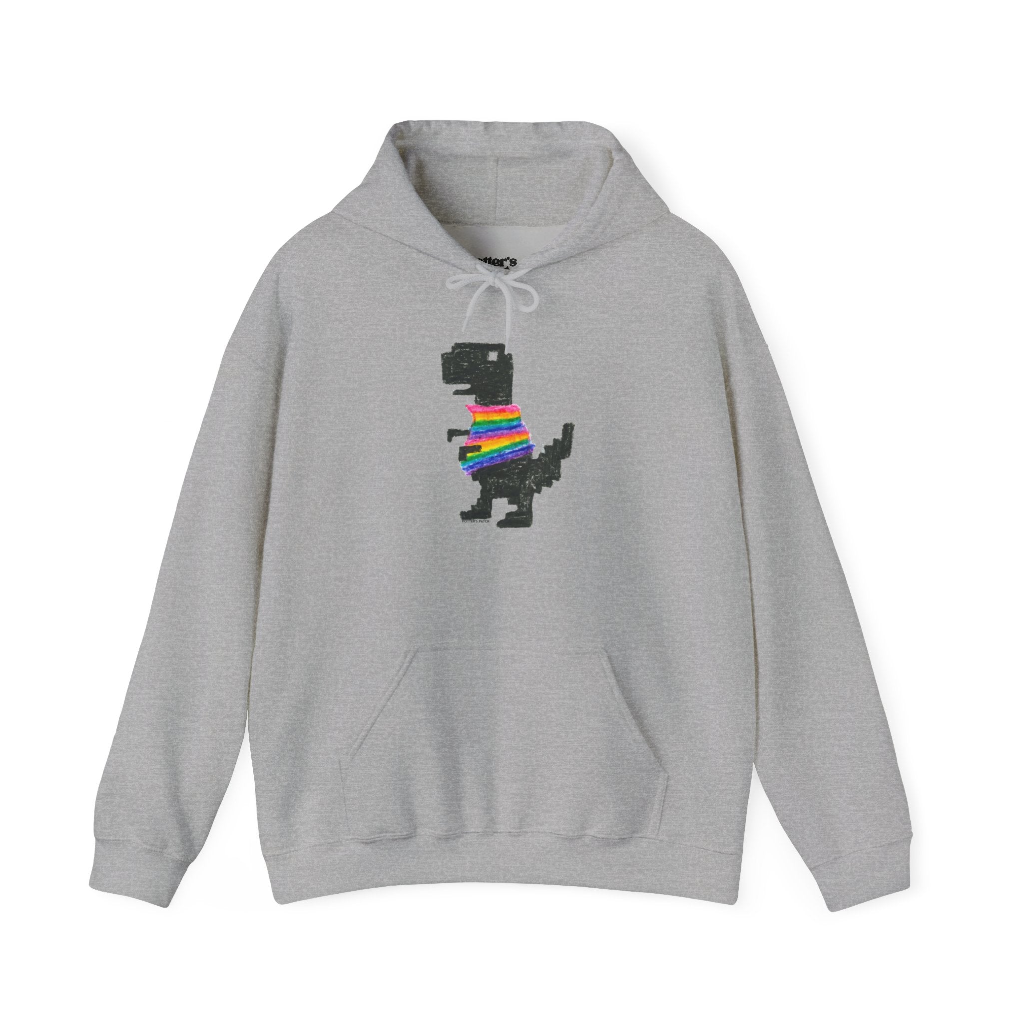 Pixel T-Rex Hoodie | Dinosaur with Rainbow Sweater, Binary Code Back "Hi"